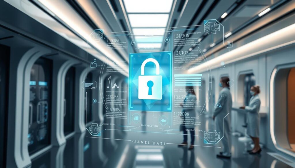 A futuristic medical facility with sleek, futuristic architecture and advanced technology. In the foreground, a holographic display shows detailed patient records with encrypted data and security protocols. In the middle ground, doctors and nurses in sterile white uniforms consult with patients, ensuring confidentiality. The background features a serene, calming environment with muted color tones and soft lighting, conveying a sense of trust and privacy. The overall scene emphasizes the importance of secure and efficient patient data management, reflecting the core principles of the article.