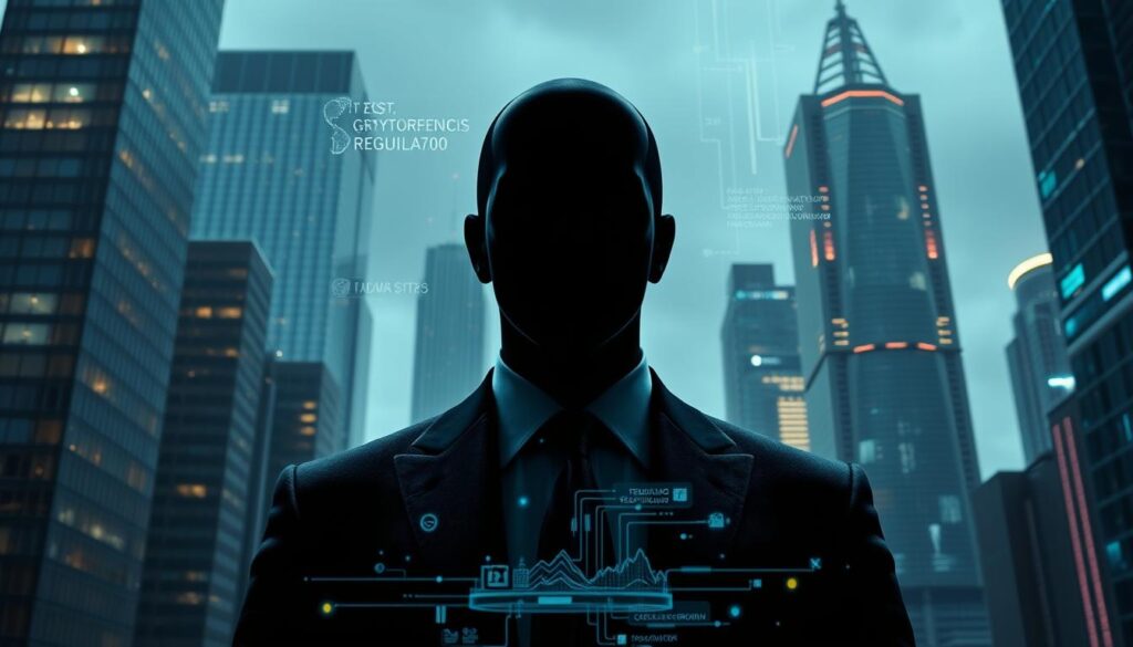 A futuristic metropolis, its skyscrapers gleaming under crisp, directional lighting. In the foreground, a towering, faceless figure in a dark suit, representing the looming presence of regulatory enforcement. Holographic displays and data streams hover in the air, visualizing the complex web of cryptocurrency transactions and the watchful eyes of government oversight. The atmosphere is one of tension and technological sophistication, hinting at the high-stakes battleground where digital assets and regulatory powers collide. The scene conveys a sense of the impending, powerful influence that will shape the future of the crypto landscape. A futuristic metropolis, its skyscrapers gleaming under crisp, directional lighting. In the foreground, a towering, faceless figure in a dark suit, representing the looming presence of regulatory enforcement. Holographic displays and data streams hover in the air, visualizing the complex web of cryptocurrency transactions and the watchful eyes of government oversight. The atmosphere is one of tension and technological sophistication, hinting at the high-stakes battleground where digital assets and regulatory powers collide. The scene conveys a sense of the impending, powerful influence that will shape the future of the crypto landscape.