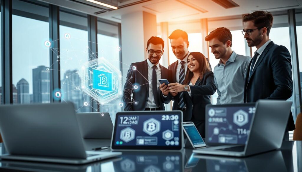 A futuristic office environment depicting a professional business team collaborating on a digital interface representing blockchain technology. In the foreground, a diverse group of three business professionals—one woman and two men—are analyzing a holographic display illustrating interconnected blockchain nodes and cryptocurrency rewards. The middle ground features sleek laptops and mobile devices with glowing screens displaying cryptocurrency icons. The background showcases large windows with a city skyline, bathed in soft ambient lighting suggesting progress and innovation. Use a wide-angle lens to capture the dynamic interaction between the team, creating a mood of collaboration and forward-thinking. The atmosphere is bright and energetic, highlighting the integration of program technology in a modern workspace. A futuristic office environment depicting a professional business team collaborating on a digital interface representing blockchain technology. In the foreground, a diverse group of three business professionals—one woman and two men—are analyzing a holographic display illustrating interconnected blockchain nodes and cryptocurrency rewards. The middle ground features sleek laptops and mobile devices with glowing screens displaying cryptocurrency icons. The background showcases large windows with a city skyline, bathed in soft ambient lighting suggesting progress and innovation. Use a wide-angle lens to capture the dynamic interaction between the team, creating a mood of collaboration and forward-thinking. The atmosphere is bright and energetic, highlighting the integration of program technology in a modern workspace.