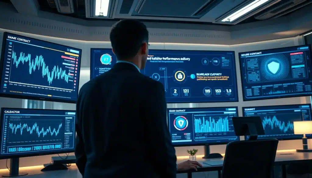 A futuristic office space showcasing cybersecurity and risk management in the realm of cryptocurrency. In the foreground, a professional in business attire is analyzing data on multiple screens displaying blockchain charts and smart contract analytics. The middle layer includes a sleek digital interface illustrating validator performance metrics and secure custody symbols. In the background, soft, ambient lighting casts a high-tech glow over the room, enhancing a sense of security and innovation. The camera angle is slightly elevated, focusing on the screens while the office ambiance suggests a balance of modern technology and professionalism. The overall mood conveys confidence, trust, and forward-thinking in crypto risk management, integrating elements of digital security seamlessly into the workspace.