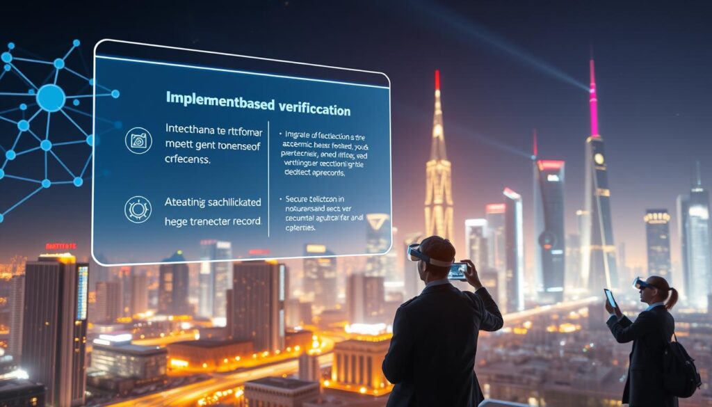 A futuristic scene depicting the implementation process of blockchain-based credential verification. In the foreground, a holographic interface hovers, displaying step-by-step instructions for integrating the blockchain technology. Behind it, a network of interconnected nodes and data streams visualize the secure transmission of academic records. The middle ground features individuals using augmented reality devices to access and verify their blockchain-backed credentials. In the background, a cityscape with towering skyscrapers and a gleaming, high-tech infrastructure sets the stage for this advanced educational ecosystem. The scene is illuminated by a warm, futuristic glow, conveying a sense of innovation and progress.
