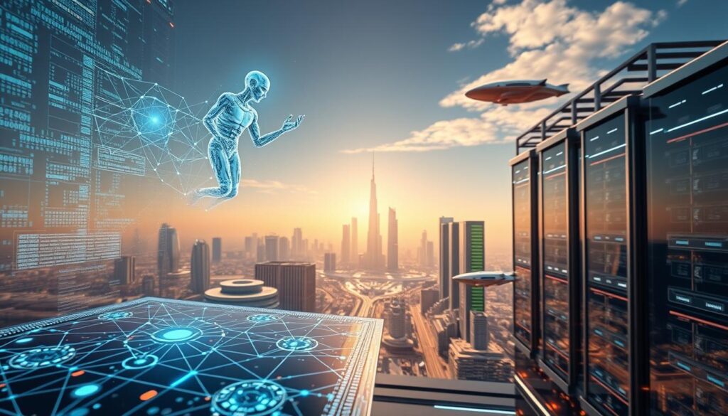 A futuristic scene depicting the integration of artificial intelligence and blockchain technology. In the foreground, a sleek, holographic interface showcases a visualization of complex blockchain transactions, with data points and lines crisscrossing in a mesmerizing display. Hovering above this, an ethereal AI entity, rendered in shades of blue and silver, manipulates the data flow with elegant, gestural movements, optimizing the efficiency of the transactions. In the middle ground, a towering blockchain server farm hums with activity, its metallic structures and glowing indicators suggesting the power of this decentralized technology. The background is a panoramic vista of a gleaming, high-tech cityscape, with skyscrapers and hovercraft, all bathed in a warm, golden light, symbolizing the potential of this synergistic alliance between AI and blockchain. A futuristic scene depicting the integration of artificial intelligence and blockchain technology. In the foreground, a sleek, holographic interface showcases a visualization of complex blockchain transactions, with data points and lines crisscrossing in a mesmerizing display. Hovering above this, an ethereal AI entity, rendered in shades of blue and silver, manipulates the data flow with elegant, gestural movements, optimizing the efficiency of the transactions. In the middle ground, a towering blockchain server farm hums with activity, its metallic structures and glowing indicators suggesting the power of this decentralized technology. The background is a panoramic vista of a gleaming, high-tech cityscape, with skyscrapers and hovercraft, all bathed in a warm, golden light, symbolizing the potential of this synergistic alliance between AI and blockchain.