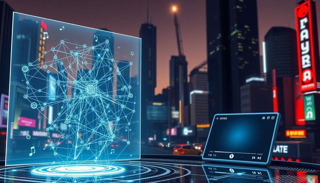 A futuristic scene depicting the intersection of blockchain technology and the music industry's royalty distribution system. In the foreground, a transparent holographic display showcases a complex web of smart contract transactions, meticulously tracking and distributing royalties to artists and rights holders. The middle ground features a digital music player with a sleek, minimalist interface, symbolizing the seamless integration of blockchain into the music ecosystem. The background is a stylized cityscape, with towering skyscrapers and neon-lit signage, hinting at the technologically advanced and interconnected nature of the modern music industry. The overall mood is one of innovation, efficiency, and a vision for a more equitable and transparent future for music creators and their audiences.