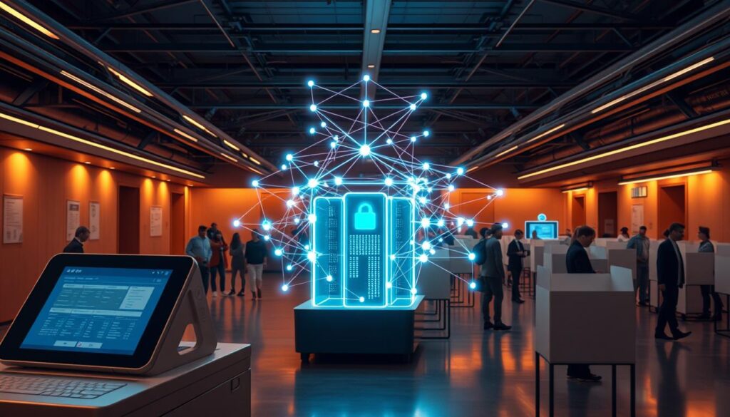 A futuristic scene of blockchain-powered election infrastructure seamlessly integrated with traditional voting systems. In the foreground, a secure blockchain-based voting terminal, sleek and intuitive, inviting voters to cast their ballots. In the middle ground, a network of interconnected servers and nodes, visualized as glowing, holographic structures, processing and verifying the votes in real-time. In the background, a bustling polling station, with poll workers and voters moving through the space, confident in the transparency and integrity of the system. Warm, ambient lighting sets an atmosphere of trust and technological progress, while a subtle, angular aesthetic suggests the precise, cutting-edge nature of the blockchain-election integration. A futuristic scene of blockchain-powered election infrastructure seamlessly integrated with traditional voting systems. In the foreground, a secure blockchain-based voting terminal, sleek and intuitive, inviting voters to cast their ballots. In the middle ground, a network of interconnected servers and nodes, visualized as glowing, holographic structures, processing and verifying the votes in real-time. In the background, a bustling polling station, with poll workers and voters moving through the space, confident in the transparency and integrity of the system. Warm, ambient lighting sets an atmosphere of trust and technological progress, while a subtle, angular aesthetic suggests the precise, cutting-edge nature of the blockchain-election integration.