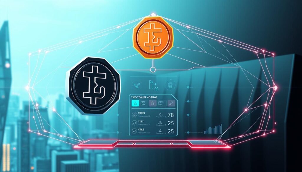 A futuristic, sleek architectural diagram depicting a two-token voting system. In the foreground, two distinct token types levitate, representing the dual-token governance mechanism. Intricate lines and polygons showcase the interconnected nature of the system. In the middle ground, a minimalist user interface displays voting options and metrics, bathed in a cool, neon-infused color palette. The background features a cityscape of towering, angular buildings, suggesting an advanced, tech-driven environment. The overall scene conveys a sense of precision, innovation, and transparency - core principles of an effective two-token voting architecture.