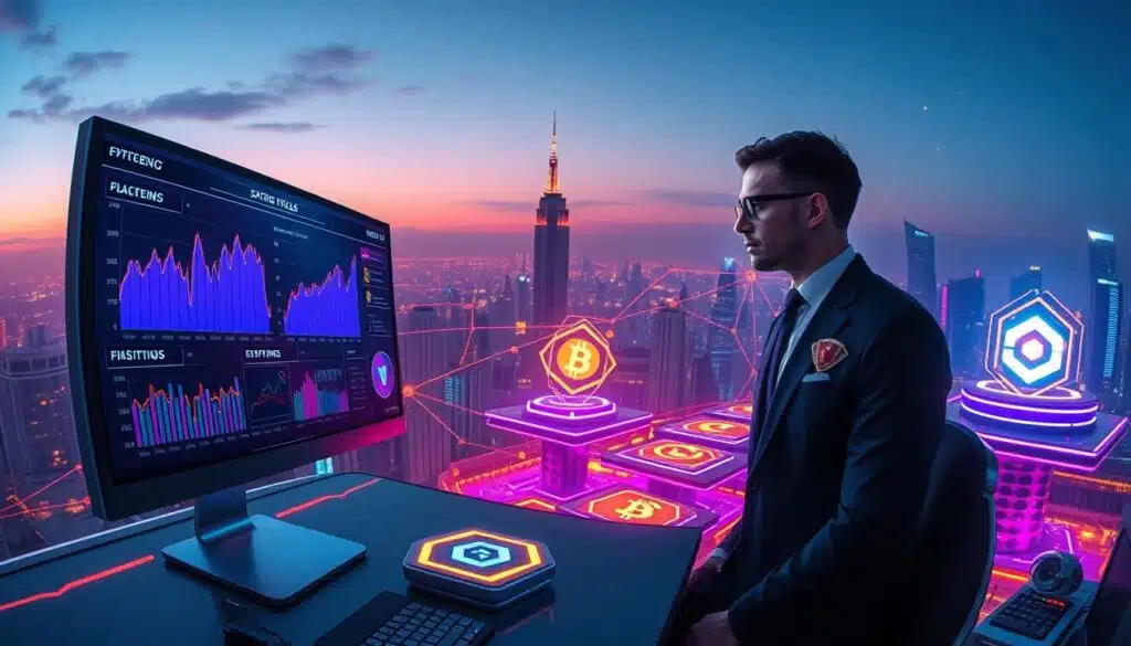 A futuristic, sleek digital landscape representing staking platforms in cryptocurrency. In the foreground, display a prominent computer screen showcasing various graphs and statistics of crypto staking yields, with an elegant, well-dressed professional analyzing the data. The middle ground features multiple stylized platforms with geometric designs and glowing logos of popular cryptocurrencies, interconnected by vibrant, flowing lines symbolizing transactions. The background is a cityscape infused with high-tech elements, infused with a twilight ambiance casting a warm glow. Use soft, harmonious lighting to create a sense of optimism and potential in the realms of finance. Employ a slight fisheye lens effect to enhance the depth and vibrancy of the setting, promoting a sense of innovation and growth in the crypto staking industry.