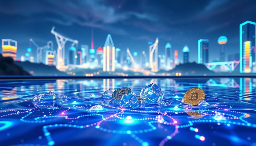 A futuristic, visually stunning representation of liquid staking, set in a vibrant digital landscape. In the foreground, depict a crystalline pool of luminescent liquid, showcasing unique cryptocurrencies symbolically represented as droplets. In the middle ground, elegant, abstract forms of flowcharts and graphs illustrate the concept of stacking yields, woven intricately with glowing lines. The background features a skyline of digital architecture with pulsating lights, reflecting a thriving crypto ecosystem. Utilize soft, ambient lighting to create a sense of tranquility intertwined with excitement, simulating a high-tech environment. The camera angle should be slightly elevated, offering a panoramic view that immerses the viewer in this advanced financial world, conveying a mood of innovation and opportunity. A futuristic, visually stunning representation of liquid staking, set in a vibrant digital landscape. In the foreground, depict a crystalline pool of luminescent liquid, showcasing unique cryptocurrencies symbolically represented as droplets. In the middle ground, elegant, abstract forms of flowcharts and graphs illustrate the concept of stacking yields, woven intricately with glowing lines. The background features a skyline of digital architecture with pulsating lights, reflecting a thriving crypto ecosystem. Utilize soft, ambient lighting to create a sense of tranquility intertwined with excitement, simulating a high-tech environment. The camera angle should be slightly elevated, offering a panoramic view that immerses the viewer in this advanced financial world, conveying a mood of innovation and opportunity.