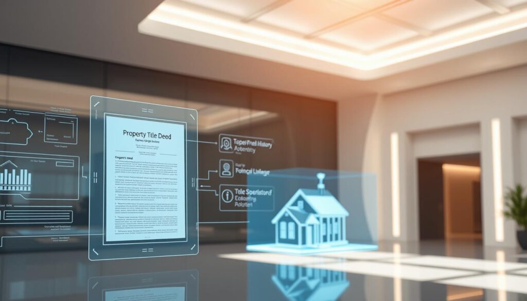 A futuristic, well-lit interior space showcases a seamless integration of secure blockchain technology and real estate transactions. In the foreground, a transparent digital interface displays a property title deed, its authenticity verified through cryptographic signatures. In the middle ground, a holographic projection depicts the property's ownership history, tamper-proof and accessible to authorized users. The background features sleek, minimalist architecture, suggesting a modern, technology-driven real estate ecosystem where title fraud is combated through innovative, blockchain-powered solutions. A futuristic, well-lit interior space showcases a seamless integration of secure blockchain technology and real estate transactions. In the foreground, a transparent digital interface displays a property title deed, its authenticity verified through cryptographic signatures. In the middle ground, a holographic projection depicts the property's ownership history, tamper-proof and accessible to authorized users. The background features sleek, minimalist architecture, suggesting a modern, technology-driven real estate ecosystem where title fraud is combated through innovative, blockchain-powered solutions.