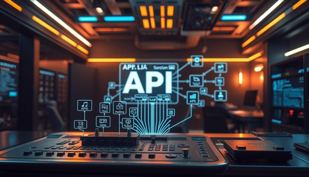 A futuristic workspace showcasing a range of API integration tools. In the foreground, a sleek, metallic interface displays various interconnected modules, each representing different APIs. The middle ground features a holographic projection of data flows, illustrating the seamless integration between these tools. The background is a dimly lit, high-tech environment, with subtle neon accents and a sense of technological sophistication. Warm, indirect lighting casts a soothing glow, creating an atmosphere of productivity and innovation. The overall scene conveys a sense of efficiency, collaboration, and the power of seamless API integration in a cutting-edge crypto exchange platform.