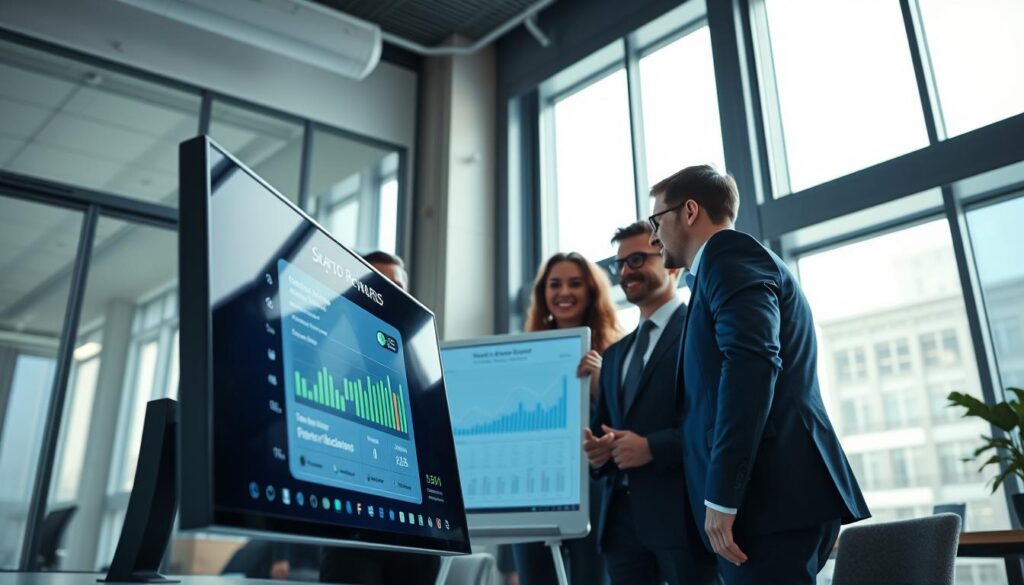 A futuristic workspace showcasing a sleek staking platform interface on a high-resolution screen, prominently displayed in the foreground. In the middle, several professional individuals in business attire collaborate over financial data, deep in discussion, while a crypto rewards chart is visible on a digital whiteboard. The background features a modern office environment with large windows, allowing natural sunlight to illuminate the space, creating a bright and optimistic atmosphere. The angle is slightly overhead, capturing both the excitement and focus of the team. Soft, ambient lighting enhances the mood of innovation and teamwork, reflecting the potential of passive income strategies in cryptocurrency.