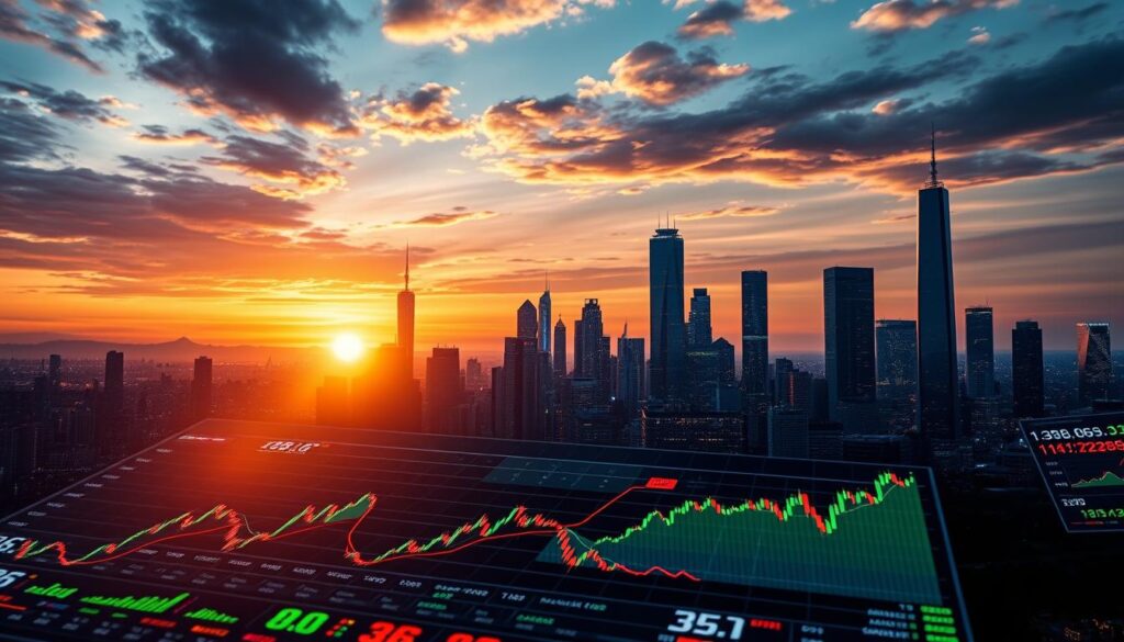 A gleaming AI-powered trading dashboard hovers above a dynamic crypto market scene. In the foreground, colorful charts and graphs dynamically update, reflecting real-time market data. The middle ground features a city skyline silhouetted against a vibrant sunset, symbolizing the global reach of cryptocurrency. In the background, a futuristic cityscape with towering skyscrapers and holographic displays emerges, hinting at the transformative potential of AI-enhanced market monitoring. Crisp, high-contrast lighting accentuates the cutting-edge technology, while a sense of energy and momentum pervades the entire composition.