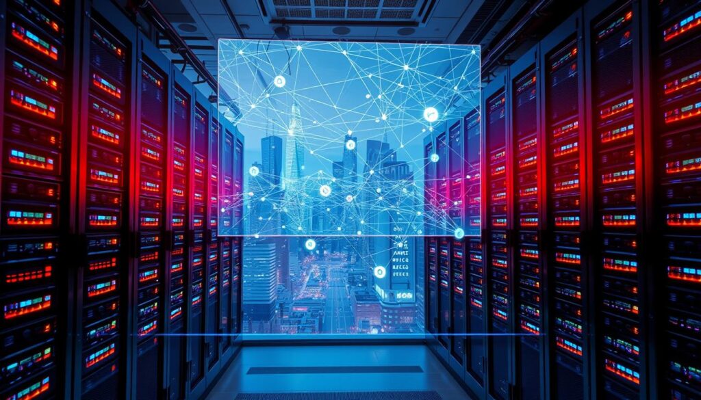 A gleaming array of server racks, their LED lights flickering in a rhythmic dance, dominates the foreground. In the middle ground, a holographic display projects a complex network of data flows, each connection representing a potential crypto transaction. The background features a cityscape, its towering skyscrapers and bustling streets, a testament to the scale and complexity of the financial landscape. The scene is illuminated by a cool, neon-tinged lighting, lending an air of futuristic, high-tech sophistication. Amidst the digital labyrinth, a vigilant AI system, represented by a pulsing neural network, keeps a watchful eye, meticulously analyzing patterns and anomalies to detect and prevent crypto fraud.