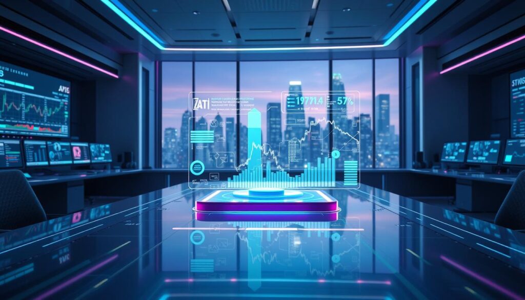 A gleaming control panel of advanced AI algorithms, algorithmic trading interfaces, and real-time market data streams. In the foreground, a dynamic 3D visualization of trading strategies, orders, and portfolio analytics hover above a polished desk. Surrounding this is a futuristic control room, with sleek workstations and holographic displays showcasing live market activity. Soft blue and purple lighting casts an aura of sophistication, while large windows reveal a nighttime cityscape in the background, symbolizing the 24/7 nature of global finance. An atmosphere of precision, power, and technological mastery pervades the scene, capturing the essence of AI-driven trade execution for a modern crypto hedge fund.