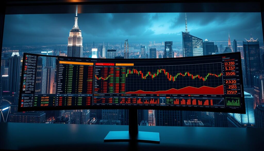 A gleaming, high-tech exchange interface displayed on a large, curved ultrawide monitor. In the foreground, an array of digital cryptocurrency tickers and trading charts, their values and volumes in constant flux. The background features a cityscape of towering skyscrapers, neon-lit and pulsing with the energy of a bustling financial center. Dramatic lighting casts dramatic shadows, creating a sense of dynamism and urgency. The overall atmosphere conveys the cutting-edge, fast-paced world of penny cryptocurrency trading.