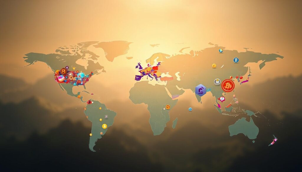A global map of the world, illuminated by a soft, diffused light from above. Across the map, regional clusters of diverse cryptocurrency adoption patterns emerge, represented by vivid, abstract data visualizations. In the foreground, dynamic, three-dimensional data points pulse and flow, depicting the varying levels of institutional investment and retail participation. The middle ground features stylized icons and symbols that convey the distinct cultural, economic, and regulatory factors shaping cryptocurrency adoption in different parts of the world. In the background, a hazy, ethereal landscape suggests the broader technological, social, and geopolitical forces driving the global evolution of digital finance.
