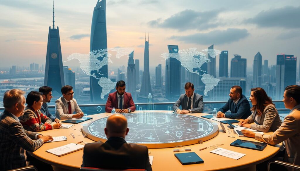 A global network of finance and technology professionals collaborating on international crypto compliance regulations. In the foreground, a round table with representatives from diverse nations and organizations discussing policy frameworks. In the middle ground, a holographic display showcasing digital asset flows and transaction patterns. In the background, a sleek, futuristic skyline with towering skyscrapers and advanced digital infrastructure. Soft, warm lighting creates an atmosphere of cooperation and innovation as they work towards harmonized global standards. Shot from a low angle with a wide-angle lens to convey the scale and significance of this international collaboration. A global network of finance and technology professionals collaborating on international crypto compliance regulations. In the foreground, a round table with representatives from diverse nations and organizations discussing policy frameworks. In the middle ground, a holographic display showcasing digital asset flows and transaction patterns. In the background, a sleek, futuristic skyline with towering skyscrapers and advanced digital infrastructure. Soft, warm lighting creates an atmosphere of cooperation and innovation as they work towards harmonized global standards. Shot from a low angle with a wide-angle lens to convey the scale and significance of this international collaboration.