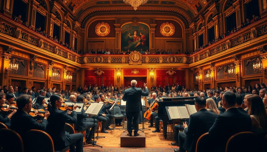 A grand concert hall with ornate architecture and gilded accents, illuminated by warm, focused lighting. In the foreground, a group of formally dressed musicians performing traditional instruments such as violins, cellos, and grand pianos. In the middle ground, a stately conductor stands before the orchestra, baton raised, guiding the ensemble. In the background, a crowd of elegantly attired audience members watch in reverent silence, reflecting the solemnity and prestige of the music royalty system. The scene conveys a sense of timeless tradition, exclusivity, and the hierarchical power structures that have long dominated the music industry.