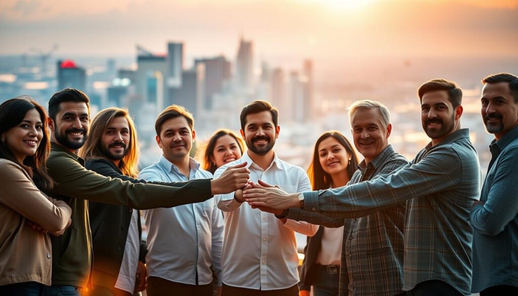 A group of cryptocurrency influencers standing in a circle, hands clasped, creating a sense of unity and trust. The scene is bathed in warm, golden lighting, creating a welcoming and inviting atmosphere. The influencers' expressions are serious, yet approachable, conveying their commitment to the community. In the background, a blurred cityscape of skyscrapers and technological infrastructure symbolizes the digital landscape of the crypto world. The overall composition suggests the power of influential leaders to build trust and foster engagement within the cryptocurrency community.