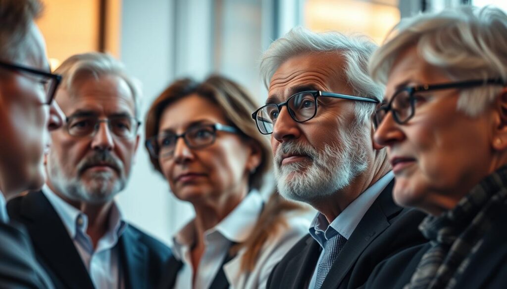 A group of influential industry leaders engaged in thoughtful discussion, captured in a high-resolution, cinematic portrait-style image. The frame is tightly focused on their faces, with soft, warm lighting illuminating their features. The background is blurred, suggesting an elegant, professional setting. The leaders' expressions convey a sense of expertise, insight, and intellectual curiosity. The composition is balanced, with the subjects positioned to create a sense of connection and collaboration. The overall mood is one of authority, wisdom, and the sharing of valuable perspectives. A group of influential industry leaders engaged in thoughtful discussion, captured in a high-resolution, cinematic portrait-style image. The frame is tightly focused on their faces, with soft, warm lighting illuminating their features. The background is blurred, suggesting an elegant, professional setting. The leaders' expressions convey a sense of expertise, insight, and intellectual curiosity. The composition is balanced, with the subjects positioned to create a sense of connection and collaboration. The overall mood is one of authority, wisdom, and the sharing of valuable perspectives.
