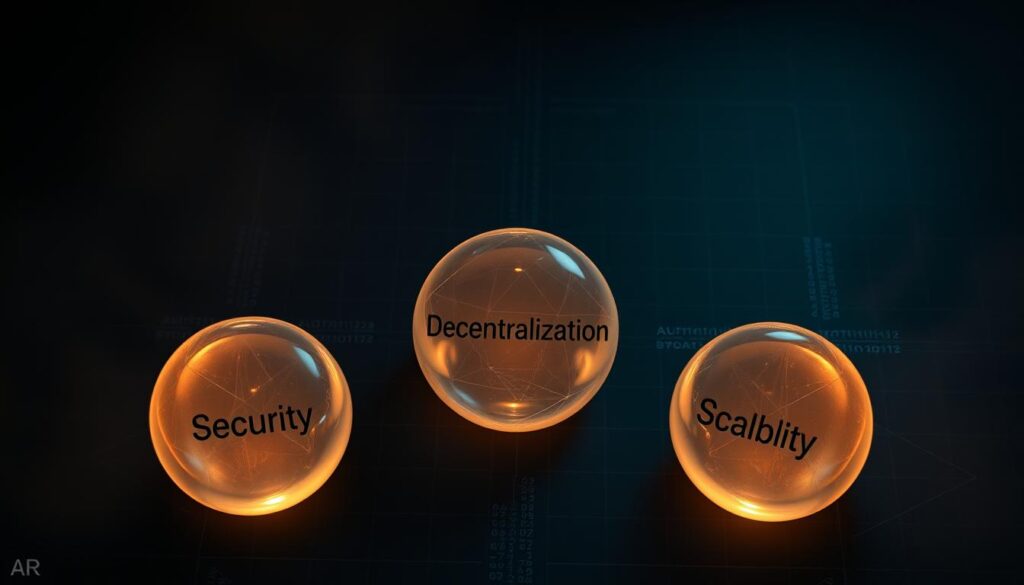 A high-angle shot of a blockchain trilemma represented as a triangular arrangement of three spheres, each labeled with one of the key aspects: security, decentralization, and scalability. The spheres are made of a semi-transparent, glowing material, hinting at the complex trade-offs involved. The background is a dark, atmospheric environment with a subtle grid pattern, conveying the technical nature of the concept. Soft lighting from the sides casts shadows, adding depth and dimension to the scene. The overall mood is one of thoughtful contemplation, inviting the viewer to ponder the challenges of balancing these fundamental blockchain properties. A high-angle shot of a blockchain trilemma represented as a triangular arrangement of three spheres, each labeled with one of the key aspects: security, decentralization, and scalability. The spheres are made of a semi-transparent, glowing material, hinting at the complex trade-offs involved. The background is a dark, atmospheric environment with a subtle grid pattern, conveying the technical nature of the concept. Soft lighting from the sides casts shadows, adding depth and dimension to the scene. The overall mood is one of thoughtful contemplation, inviting the viewer to ponder the challenges of balancing these fundamental blockchain properties.