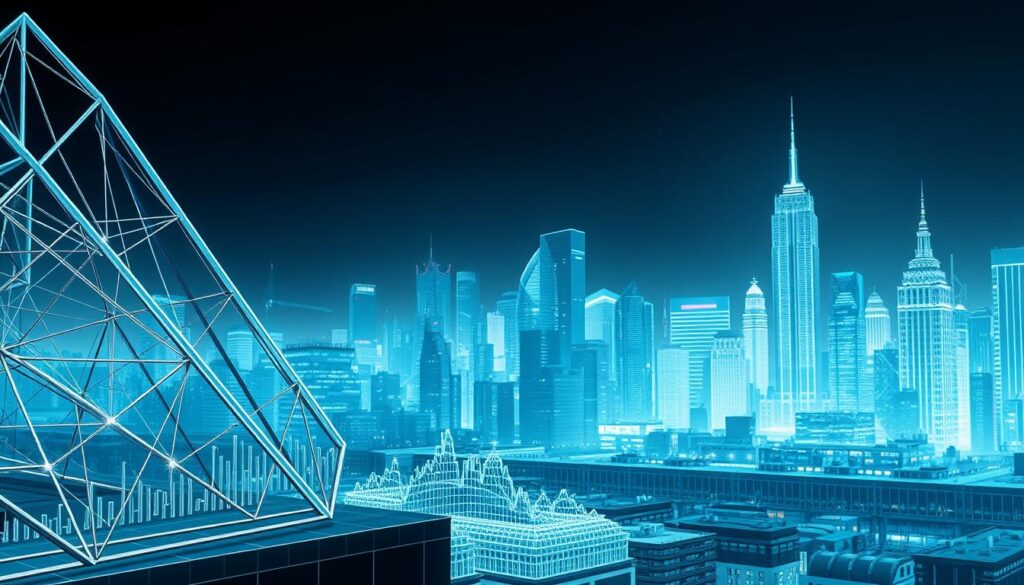 A high-contrast, architectural illustration of various crypto market volatility index methodologies. The foreground features intricate geometric shapes and diagrams depicting different volatility calculation models, rendered in sleek, metallic tones. The middle ground showcases wireframe 3D visualizations of market data trends and fluctuations. In the distant background, an abstract cityscape of skyscrapers and financial district landmarks, bathed in a cool, neon-tinged lighting scheme that evokes the digital, technological nature of the crypto industry. The overall composition conveys a sense of analytical rigor, technical complexity, and the dynamic, ever-changing nature of crypto market volatility.