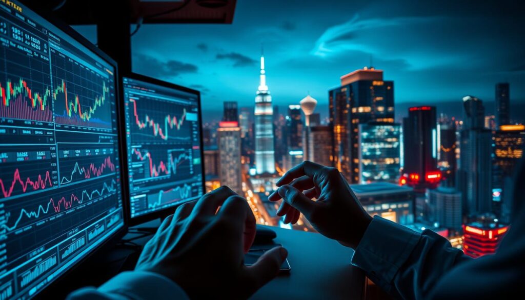 A high-contrast, cinematic composition depicting the intricate world of trading strategies and portfolio adjustments. In the foreground, a trader's hands flick through charts and financial data on multiple screens, illuminated by the cool glow of monitors. In the middle ground, abstract visualizations of market trends and fluctuations, rendered in a mix of vibrant colors and dynamic lines. In the background, a cityscape skyline at night, with skyscrapers and neon signs reflecting the restless energy of the financial markets. The lighting is dramatic, with deep shadows and highlights accentuating the serious, intense mood. The overall scene conveys the complexity, precision, and high-stakes nature of navigating the cryptocurrency landscape and optimizing one's trading portfolio.
