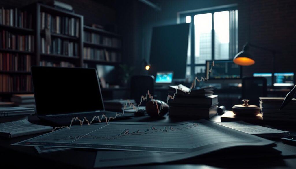 A high-contrast, cinematic image of a crypto research methodology analysis. In the foreground, a stylized graph or chart displays key crypto market metrics, data points, and analytical insights. The midground features a desktop workspace with a laptop, reference books, and various research materials scattered about. The background depicts a dimly-lit, moody office setting with bookshelves, flickering computer screens, and a sense of deep contemplation. Dramatic backlighting and shadows create an atmosphere of focused intensity. The overall tone conveys the rigor, complexity, and high-stakes nature of conducting in-depth crypto market analysis.