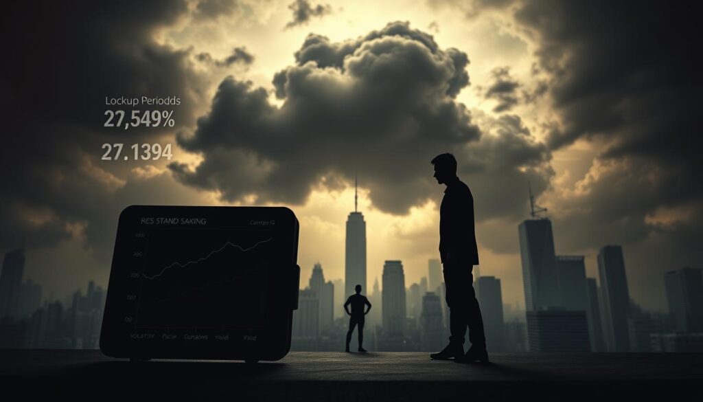 A high-contrast, cinematic image of key variables and risks involved in cryptocurrency staking and compounding. In the foreground, a 3D model of a digital wallet or crypto exchange platform, with data visualizations depicting factors like volatility, lockup periods, and yield fluctuations. In the middle ground, a shadowy figure representing the investor, contemplating the risks. The background features a dystopian cityscape with ominous clouds, conveying the uncertain nature of the crypto market. The lighting is dramatic, with harsh shadows and highlights to create a sense of tension and unease. The camera angle is slightly low, adding to the imposing, foreboding mood. A high-contrast, cinematic image of key variables and risks involved in cryptocurrency staking and compounding. In the foreground, a 3D model of a digital wallet or crypto exchange platform, with data visualizations depicting factors like volatility, lockup periods, and yield fluctuations. In the middle ground, a shadowy figure representing the investor, contemplating the risks. The background features a dystopian cityscape with ominous clouds, conveying the uncertain nature of the crypto market. The lighting is dramatic, with harsh shadows and highlights to create a sense of tension and unease. The camera angle is slightly low, adding to the imposing, foreboding mood.