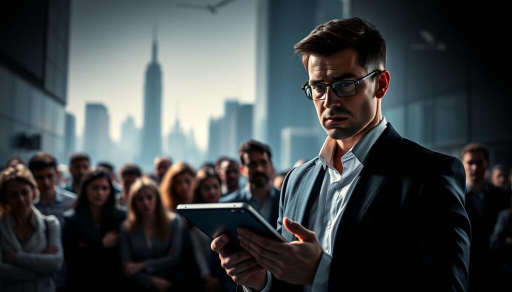 A high-contrast, cinematic scene depicting the contrast between market makers and takers. In the foreground, a poised and confident figure representing the market maker, adorned in a sharp suit and holding a tablet displaying financial data. In the middle ground, a crowd of more casual, reactive figures representing market takers, their faces etched with concern and uncertainty. The background is a blurred cityscape, hinting at the larger financial landscape. Dramatic lighting casts dynamic shadows, creating a sense of tension and energy. The overall mood is one of professional poise versus anxious speculation.