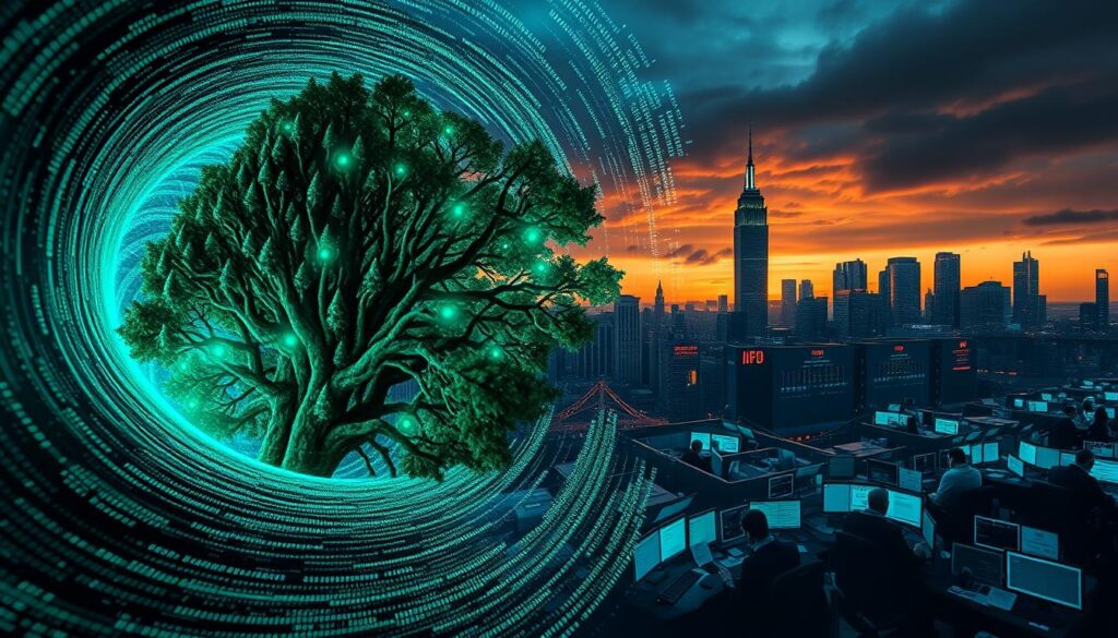 A high-contrast, cinematic scene depicting the inner workings of ensemble methods in financial markets. In the foreground, a detailed random forest model emerges from a swirling data vortex, its branching decision trees illuminated by flickering green and blue LED lights. The middle ground features a panoramic view of a bustling stock exchange floor, traders gesticulating amidst a sea of trading terminals and holographic data visualizations. In the background, a towering skyscraper skyline is silhouetted against a dramatic, moody sky, hinting at the complex, high-stakes world of modern finance. The overall atmosphere conveys a sense of technological prowess, data-driven decision making, and the fast-paced, ever-changing nature of the financial markets.