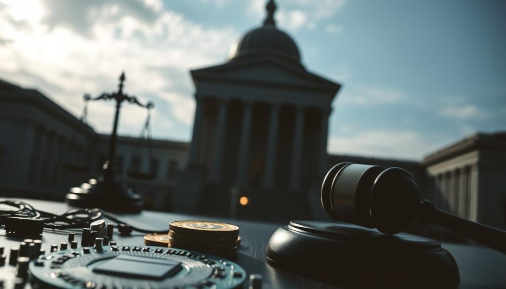 A high-contrast, cinematic view of the intersection of technology and finance. In the foreground, a circuit board and cryptocurrency tokens convey the digital nature of crypto markets. In the middle ground, a gavel and scale of justice symbolize the influence of regulatory bodies. In the background, a shadowy silhouette of a government building looms, hinting at the complex interplay of policy and innovation. Dramatic lighting casts long shadows, creating a sense of tension and uncertainty. The overall composition suggests the delicate balance between technological disruption and governmental oversight that shapes the cryptocurrency landscape.