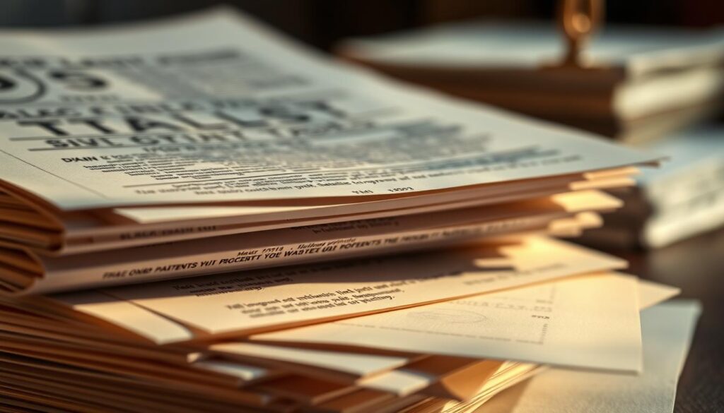 A high-contrast, close-up shot of a stack of paperwork and legal documents related to blockchain patents and intellectual property cases. The documents are illuminated by warm, directional lighting from the side, casting dramatic shadows and highlighting the intricate details of the text and stamps. The background is blurred and out of focus, emphasizing the importance of the central subject matter. The overall mood is one of serious, intense focus on the complex world of blockchain technology and intellectual property law.