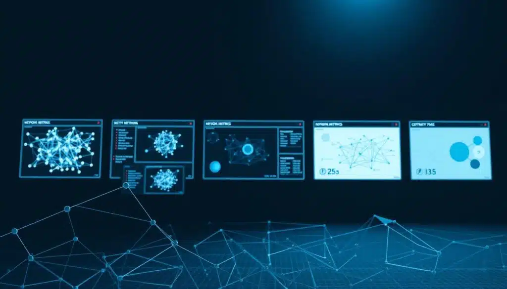A high-contrast, data-driven visualization showcasing various graph theoretical approaches for analyzing complex network data. In the foreground, a sleek, minimalist graph structure with interconnected nodes and edges, rendered in a cool, muted color palette. In the middle ground, a series of interactive visualizations depicting network metrics, clustering algorithms, and centrality measures. In the background, a subtle gridded pattern suggesting the underlying mathematical foundations. Dramatic lighting from the side creates depth and emphasizes the technical, scientific nature of the scene. Captured with a wide-angle lens to provide a comprehensive, panoramic view of the analytical tools.