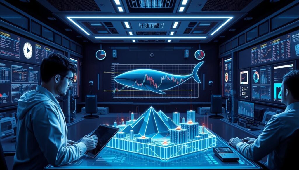A high-contrast, detailed illustration of risk management strategies for cryptocurrency whale tracking. In the foreground, a group of analysts studying charts, graphs, and data visualizations on sleek holographic displays. In the middle ground, a three-dimensional model of a cryptocurrency market, with dynamic price movements and indicators. In the background, a sleek, futuristic control room with various monitoring systems and security protocols. The scene is bathed in cool, blue-tinted lighting, creating a sense of technological sophistication and data-driven decision making. The overall mood is one of professionalism, control, and strategic insight. A high-contrast, detailed illustration of risk management strategies for cryptocurrency whale tracking. In the foreground, a group of analysts studying charts, graphs, and data visualizations on sleek holographic displays. In the middle ground, a three-dimensional model of a cryptocurrency market, with dynamic price movements and indicators. In the background, a sleek, futuristic control room with various monitoring systems and security protocols. The scene is bathed in cool, blue-tinted lighting, creating a sense of technological sophistication and data-driven decision making. The overall mood is one of professionalism, control, and strategic insight.