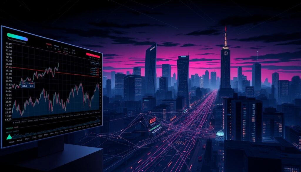 A high-contrast digital illustration depicting a comprehensive historical data analysis of trading hours in the crypto market. The foreground showcases a series of interactive line graphs, candlestick charts, and data visualizations, presented on a sleek, dark-themed interface. The middle ground features a network of interconnected data points, nodes, and analytical algorithms, suggesting the complex underlying patterns and insights. The background depicts a moody, cityscape-inspired landscape with towering skyscrapers, neon-lit streets, and a twilight sky, creating a sense of the high-stakes, fast-paced nature of the crypto trading world. The overall scene conveys a mood of analytical depth, technological sophistication, and the pursuit of market-shaping insights.