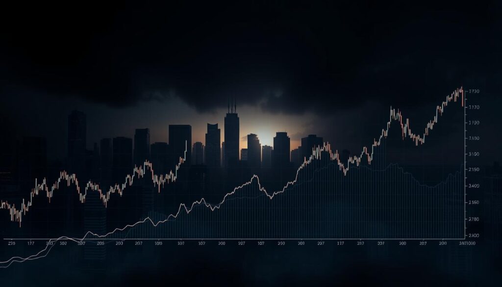A high-contrast, dynamic cryptocurrency market volatility chart against a dark, moody backdrop. The chart is the focal point, rendered with precise, realistic lines and gradients that capture the erratic fluctuations of digital asset prices. The background is a shadowy, almost ominous cityscape, hinting at the complex, unpredictable nature of the cryptocurrency ecosystem. Dramatic lighting from multiple angles casts dramatic shadows, heightening the sense of volatility and uncertainty. The overall composition conveys a sense of tension and unease, reflecting the challenges of navigating the volatile crypto markets.