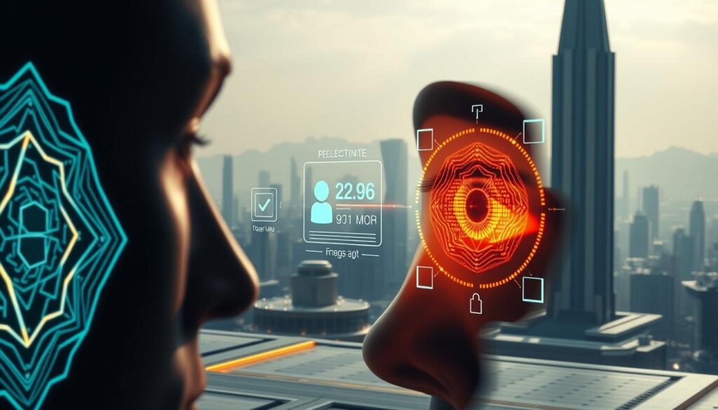 A high-contrast, hyper-realistic digital illustration depicting an authentication and identity verification process. In the foreground, a biometric scanner scans a person's iris against a backdrop of glowing geometric shapes and cryptographic patterns. The middle ground features floating holographic UI elements displaying identity verification data. In the background, a steel-gray, metallic landscape with towering skyscrapers and a hazy, futuristic skyline. Dramatic side lighting casts long shadows, creating a moody, high-tech atmosphere. The overall scene conveys a sense of advanced security, privacy, and technological sophistication. A high-contrast, hyper-realistic digital illustration depicting an authentication and identity verification process. In the foreground, a biometric scanner scans a person's iris against a backdrop of glowing geometric shapes and cryptographic patterns. The middle ground features floating holographic UI elements displaying identity verification data. In the background, a steel-gray, metallic landscape with towering skyscrapers and a hazy, futuristic skyline. Dramatic side lighting casts long shadows, creating a moody, high-tech atmosphere. The overall scene conveys a sense of advanced security, privacy, and technological sophistication.