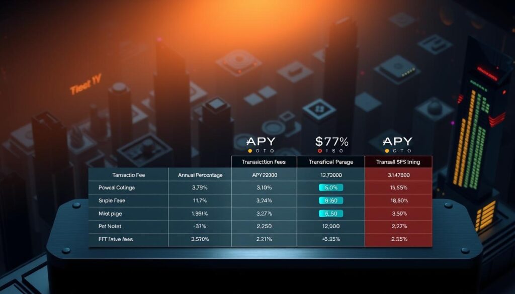 A high-contrast, isometric comparison chart showcasing the transaction fees and annual percentage yield (APY) rates of leading NFT staking platforms. The foreground depicts a sleek, metallic table with precise data visualizations, color-coded to highlight the key differences between the platforms. The middle ground features minimalist icons and infographic elements that accentuate the financial metrics. The background is a dimly lit, futuristic cityscape, casting dramatic shadows and lending an authoritative, technocratic atmosphere to the scene. Subtle lighting from above casts a warm glow, emphasizing the precision and clarity of the data presentation. A high-contrast, isometric comparison chart showcasing the transaction fees and annual percentage yield (APY) rates of leading NFT staking platforms. The foreground depicts a sleek, metallic table with precise data visualizations, color-coded to highlight the key differences between the platforms. The middle ground features minimalist icons and infographic elements that accentuate the financial metrics. The background is a dimly lit, futuristic cityscape, casting dramatic shadows and lending an authoritative, technocratic atmosphere to the scene. Subtle lighting from above casts a warm glow, emphasizing the precision and clarity of the data presentation.
