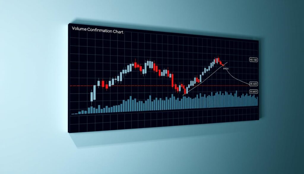 A high-contrast, technical diagram depicting a "volume confirmation chart" for Bitcoin analysis. The chart fills the frame, with a clean, minimal background. The chart shows candlestick patterns overlaid with volume bars, conveying the relationship between price and trading volume during breakout events. The visualization uses a cool, monochromatic color palette with clear grid lines and labels. Precise, technical lighting from the side creates depth and highlights the textural elements. The overall mood is analytical, data-driven, and focused on conveying the key insights of a volume confirmation chart.