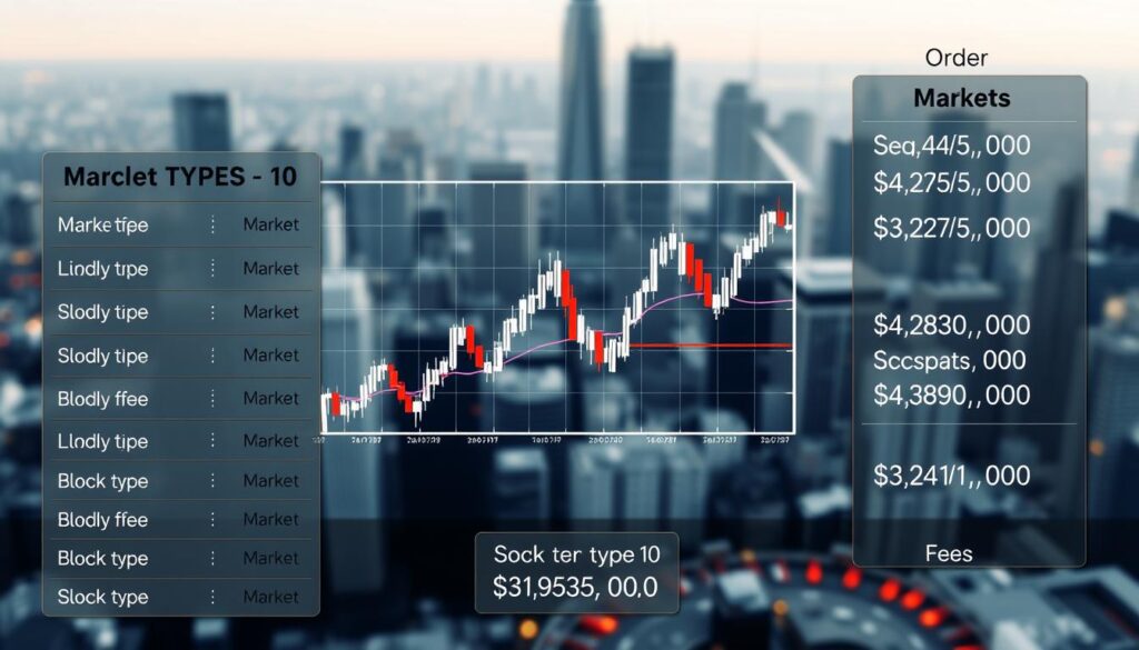 A high-contrast, technical illustration depicting various order types and trading fees in a digital financial exchange. The foreground features a clear visual hierarchy of order types like market, limit, stop, and their corresponding fee structures. The middle ground showcases a stylized candlestick chart with dynamic price movements, framed by an abstract grid of financial data. The background layers in a sense of depth with a softly blurred cityscape, conveying the fast-paced, interconnected nature of modern markets. Rendered in a muted, industrial color palette with subtle lighting to evoke a sense of precision and professionalism befitting the subject matter.