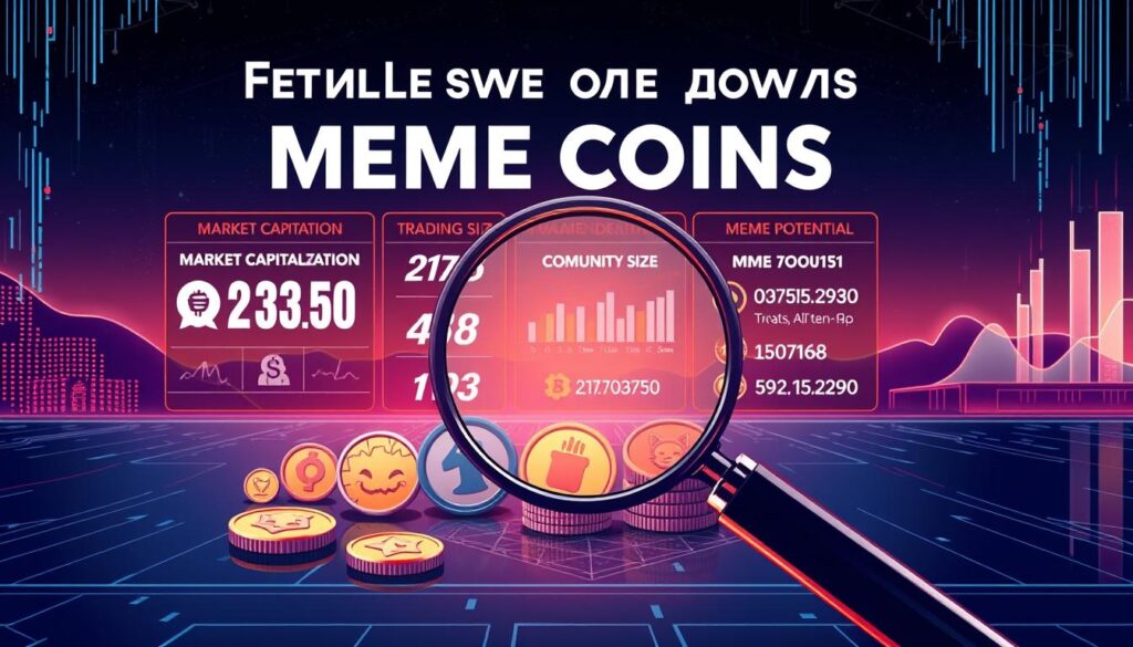 A high-contrast, well-lit digital illustration showcasing the key criteria for evaluating meme coins. In the foreground, a magnifying glass hovers over a group of digital coins, each with distinct features and symbols. The middle ground depicts various metrics like market capitalization, trading volume, community size, and meme potential. The background features a sleek, futuristic landscape with digital matrices and blockchain-inspired patterns, conveying the technological underpinnings of the meme coin ecosystem. The overall mood is one of analytical rigor and informed decision-making, guiding the viewer through the essential factors to consider when identifying promising meme coin investments. A high-contrast, well-lit digital illustration showcasing the key criteria for evaluating meme coins. In the foreground, a magnifying glass hovers over a group of digital coins, each with distinct features and symbols. The middle ground depicts various metrics like market capitalization, trading volume, community size, and meme potential. The background features a sleek, futuristic landscape with digital matrices and blockchain-inspired patterns, conveying the technological underpinnings of the meme coin ecosystem. The overall mood is one of analytical rigor and informed decision-making, guiding the viewer through the essential factors to consider when identifying promising meme coin investments.