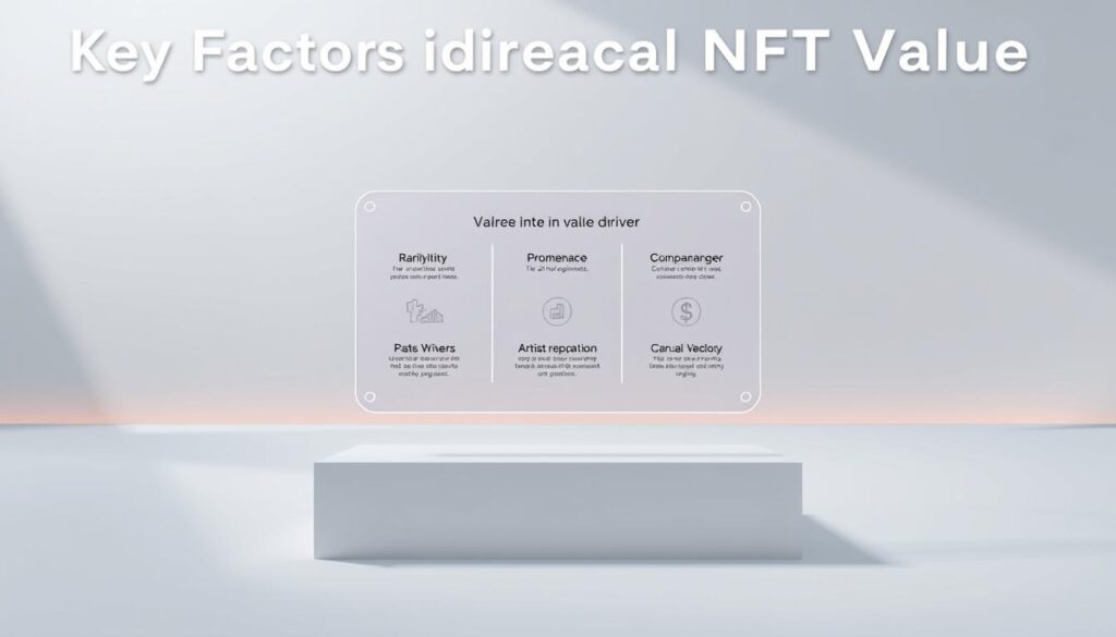 A high-quality 3D render of a minimalist, stylized infographic visualizing the key factors influencing NFT value. The foreground features a floating, transparent display presenting 5-6 distinct value drivers such as rarity, utility, provenance, artist reputation, and community engagement. The middle ground has a clean, geometric design language with lines, shapes, and subtle gradients to frame the display. The background has a muted, atmospheric lighting setup with soft, directional rays and hints of a vibrant, futuristic cityscape in the distance, conveying a sense of innovation and technological advancement. The overall scene has a sleek, modern aesthetic with a balance of negative space and dynamic composition.