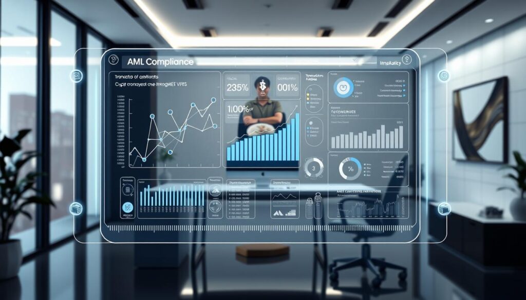 A high-quality 3D rendering of a futuristic cryptocurrency compliance dashboard. The foreground features a transparent display panel with a blockchain network diagram, transaction analysis tools, and AML compliance metrics. The middle ground shows a sleek desk with a minimalist desktop computer and an ergonomic office chair. The background depicts a modern office interior with floor-to-ceiling windows, indirect lighting, and a stylized wall art piece. The scene conveys a sense of technological sophistication, data-driven decision making, and regulatory oversight in the cryptocurrency industry.