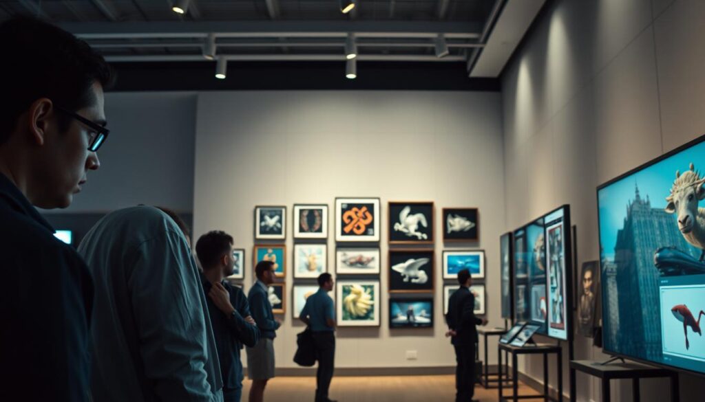 A high-quality NFT project evaluation scene, shot in a cinematic 35mm style, showcases a well-curated digital art gallery. The foreground features a team of analysts meticulously examining various NFT artworks, their faces illuminated by the glow of multiple high-resolution displays. The middle ground depicts a collection of innovative, visually striking NFT pieces, each framed and presented with care. In the background, a sophisticated and minimalist architectural space sets the tone, with clean lines, neutral tones, and strategic lighting that enhances the prestige of the NFT showcase. The overall atmosphere conveys a sense of professional rigor, thoughtful curation, and a discerning eye for the future of the NFT landscape. A high-quality NFT project evaluation scene, shot in a cinematic 35mm style, showcases a well-curated digital art gallery. The foreground features a team of analysts meticulously examining various NFT artworks, their faces illuminated by the glow of multiple high-resolution displays. The middle ground depicts a collection of innovative, visually striking NFT pieces, each framed and presented with care. In the background, a sophisticated and minimalist architectural space sets the tone, with clean lines, neutral tones, and strategic lighting that enhances the prestige of the NFT showcase. The overall atmosphere conveys a sense of professional rigor, thoughtful curation, and a discerning eye for the future of the NFT landscape.