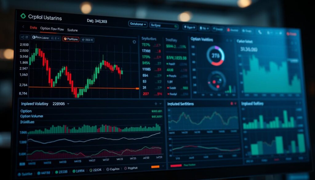 A high-quality data visualization dashboard displaying various metrics and insights related to cryptocurrency options trading. The foreground showcases a detailed candlestick chart with customizable technical indicators, overlaid with option flow data visualizations such as volume, open interest, and implied volatility. The middle ground features tabular data and graphical breakdowns of option activity, trading volume, and market sentiment. The background depicts a sleek, minimalist UI with a dark color palette, complemented by subtle lighting effects and a depth of field blur to draw the viewer's attention to the central analytical components. The overall scene conveys a sense of sophisticated market analysis, empowering traders to make informed decisions based on comprehensive option flow data.