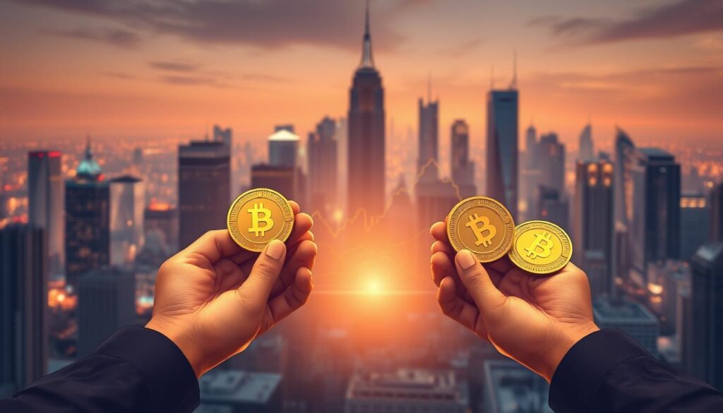 A high-quality digital illustration depicting the dynamic forces of supply and demand that influence cryptocurrency prices. In the foreground, a pair of hands holding digital currency tokens, symbolizing the buyers and sellers. In the middle ground, a graph or chart displaying the fluctuating price trends. In the background, a cityscape with towering skyscrapers, representing the global financial landscape. The scene is illuminated by a warm, diffused lighting, creating a sense of depth and atmosphere. The overall composition conveys the complex interplay of market forces that drive the volatile crypto market.