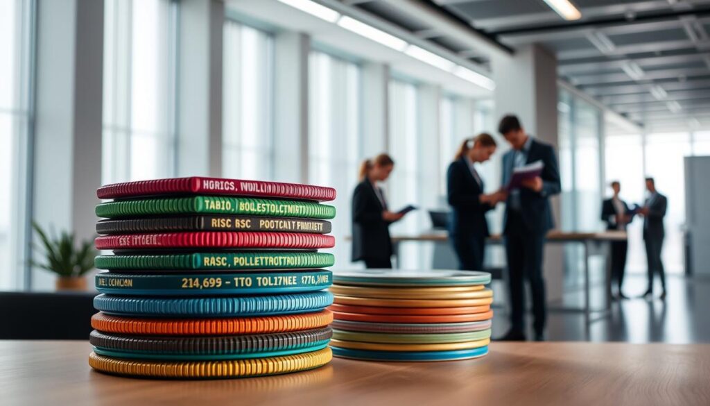 A high-quality image of the top blockchain certification courses, captured with a wide-angle lens in a well-lit, modern setting. The foreground features a stack of colorful certification icons, each representing a different blockchain course. The middle ground showcases silhouettes of professionals studying blockchain materials, while the background displays a sleek, minimalist office environment with clean lines and neutral tones. The overall composition conveys a sense of professionalism, education, and the growing importance of blockchain technology in the modern business landscape.