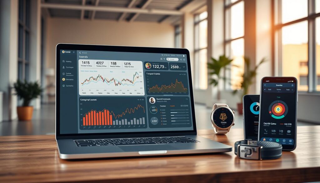 A high-quality, meticulously designed cryptocurrency portfolio dashboard displayed on a sleek, silver laptop. The foreground features a clean, intuitive interface with detailed graphs, charts, and real-time data visualizations tracking the performance of a diverse crypto investment portfolio. The middle ground showcases various mobile devices and wearables seamlessly syncing with the portfolio app, providing a cohesive, cross-platform experience. In the background, a minimalist office setting with floor-to-ceiling windows offers a serene, productive environment for managing one's digital assets. Warm, natural lighting casts a soft glow, creating a sense of professionalism and financial security. A high-quality, meticulously designed cryptocurrency portfolio dashboard displayed on a sleek, silver laptop. The foreground features a clean, intuitive interface with detailed graphs, charts, and real-time data visualizations tracking the performance of a diverse crypto investment portfolio. The middle ground showcases various mobile devices and wearables seamlessly syncing with the portfolio app, providing a cohesive, cross-platform experience. In the background, a minimalist office setting with floor-to-ceiling windows offers a serene, productive environment for managing one's digital assets. Warm, natural lighting casts a soft glow, creating a sense of professionalism and financial security.