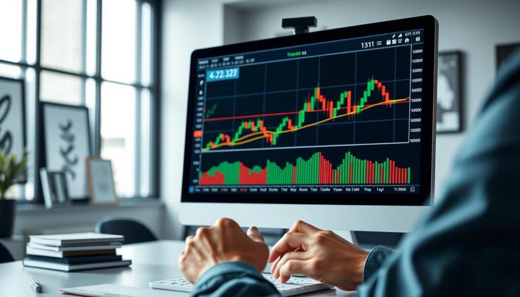 A high-quality, photorealistic illustration of "Core Trading Principles Behind Candlestick Analysis". The main focus is a set of candlestick charts on a sleek, minimalist trading platform, displayed on a desktop monitor in a well-lit modern office setting. The charts feature various technical indicators and patterns, conveying the depth and complexity of candlestick analysis. In the foreground, a trader's hands are interacting with the interface, highlighting the active, hands-on nature of the task. The background features subtle, blurred elements suggesting a professional, finance-oriented environment, such as framed stock tickers or abstract geometric shapes. The overall mood is one of thoughtful analysis, focus, and the application of core trading principles.