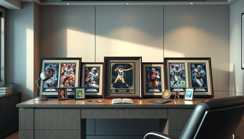 A high-quality, photorealistic image of a collector's desk featuring an assortment of framed NFT sports memorabilia collectible cards. The cards are displayed prominently on the desk, with intricate details and vibrant colors. Soft, natural lighting illuminates the scene, casting gentle shadows and highlighting the textured surfaces. The background is a minimalist, elegant office space with neutral tones and clean lines, allowing the collectibles to take center stage. The overall atmosphere conveys a sense of refined sophistication and the joy of owning and appreciating these unique digital assets. A high-quality, photorealistic image of a collector's desk featuring an assortment of framed NFT sports memorabilia collectible cards. The cards are displayed prominently on the desk, with intricate details and vibrant colors. Soft, natural lighting illuminates the scene, casting gentle shadows and highlighting the textured surfaces. The background is a minimalist, elegant office space with neutral tones and clean lines, allowing the collectibles to take center stage. The overall atmosphere conveys a sense of refined sophistication and the joy of owning and appreciating these unique digital assets.